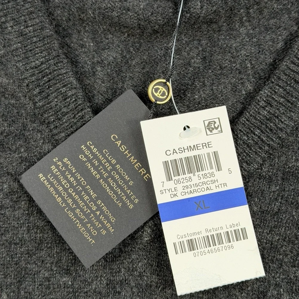 Club Room Sweater Mens XL Dark Grey 100% Cashmere 2 Ply V-Neck Pullover Soft NEW